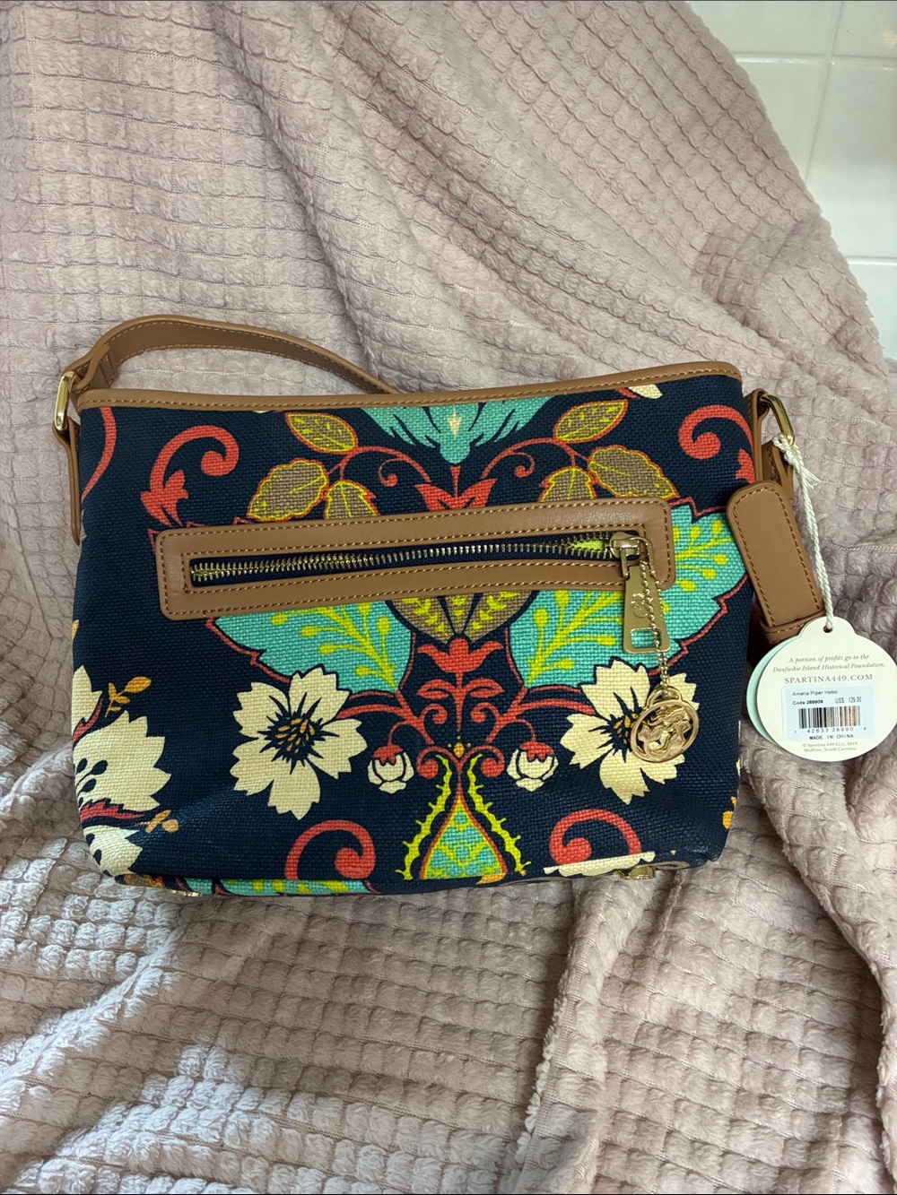 Spartina Amelia Floral Pattern Crossbody Bag with Tan Trim
